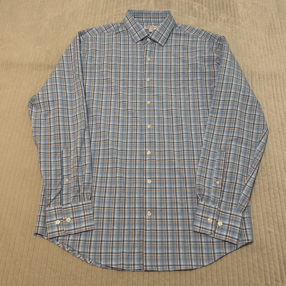 Peter Millar Summer Comfort Men's Large Button Down Shirt Blue Green Plaid Long